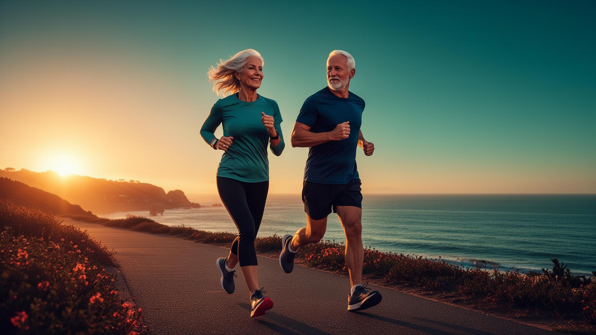 Active mature couple jogging at sunrise — age management and longevity practice marketing